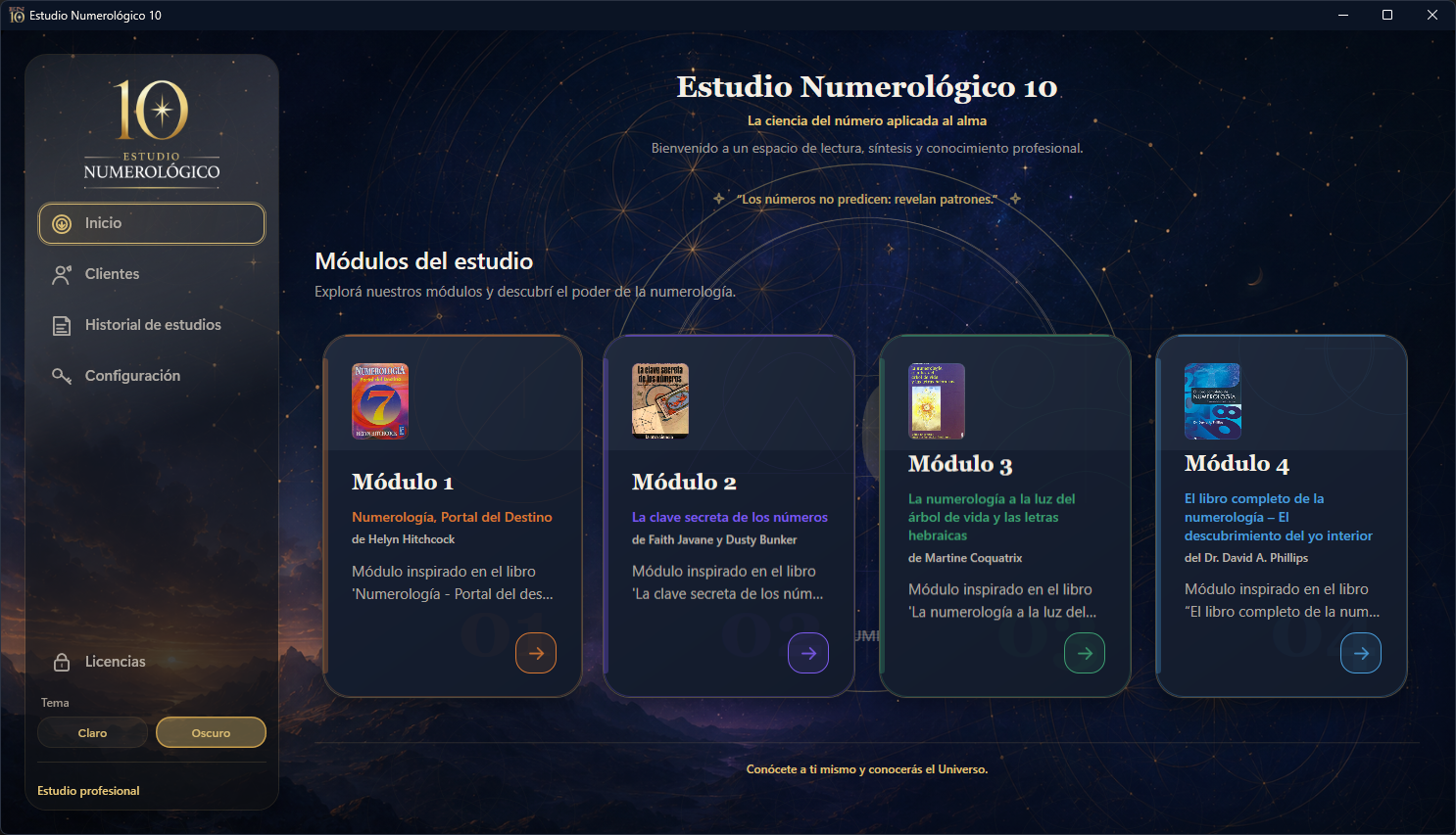 Pantalla principal de Estudio Numerológico 10 con sus cuatro módulos