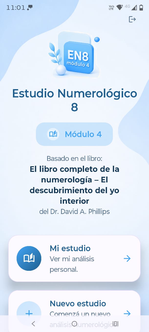Pantalla de inicio de Estudio Numerológico 8 Módulo 4